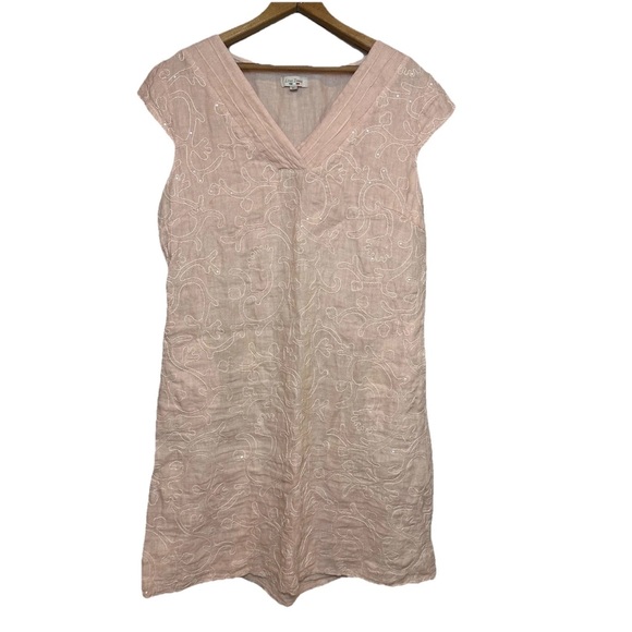 Lina Tomei 100% Linen Shift Dress Peach Pink Embroidered Pockets Italy Size XL - Picture 2 of 13